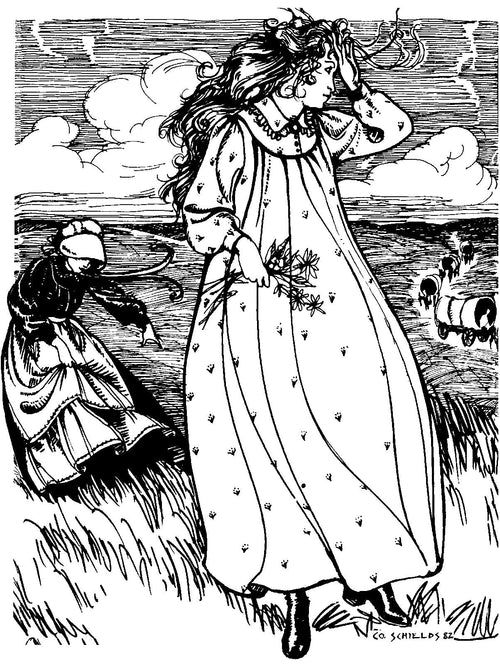 Blacka nd white pen and ink drawing by artist Gretchen Schields.  Two women on prairie.  Woman in foreground wears the prairie dress without an apron and holds a bunch of flowers in her hand.  Woman in distance wears prairie dress with an apron and sun bonnet.