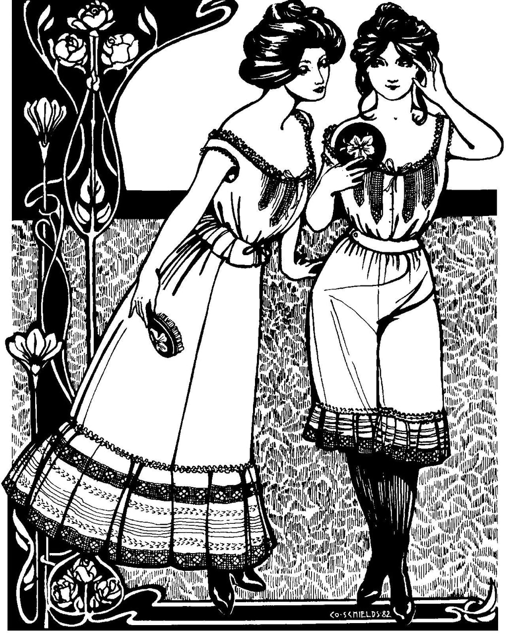 Black and white pen and ink drawing by artist Gretchen Schields.  Two women standing side by side in Edwardian underthings.  Woman on the left wears a camisole and petticoat and the woman on the right wears a camisole and drawers.  One holds a mirror and the other holds a brush.