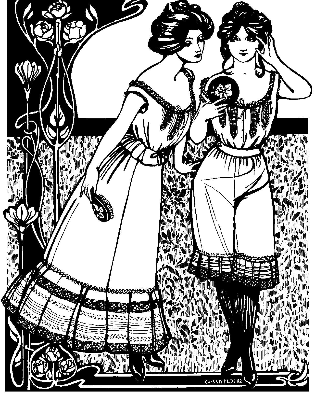 Black and white pen and ink drawing by artist Gretchen Schields.  Two women standing side by side in Edwardian underthings.  Woman on the left wears a camisole and petticoat and the woman on the right wears a camisole and drawers.  One holds a mirror and the other holds a brush.