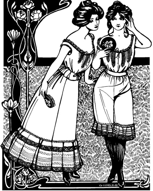 Black and white pen and ink drawing by artist Gretchen Schields.  Two women standing side by side in Edwardian underthings.  Woman on the left wears a camisole and petticoat and the woman on the right wears a camisole and drawers.  One holds a mirror and the other holds a brush.
