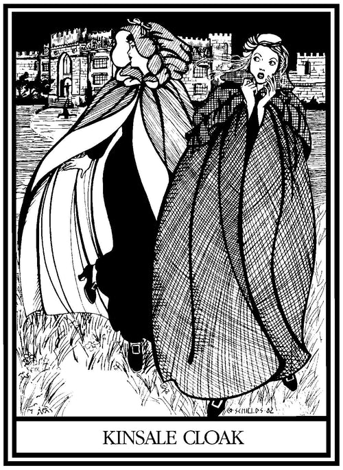 Black and white pen and ink drawing of two women running away scared from a castle wearing 207 Kinsale Cloak.
