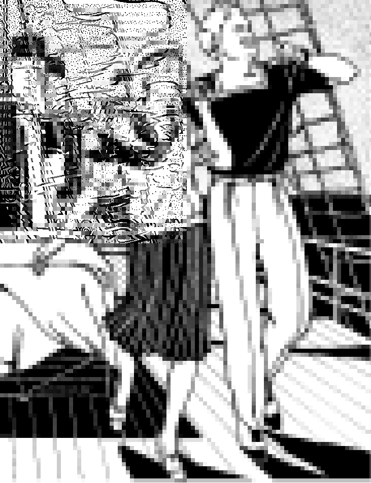 Black and white pen and ink drawing by artist Gretchen Shields.  Man and woman walking on a ship both wearing 211 Two middies.