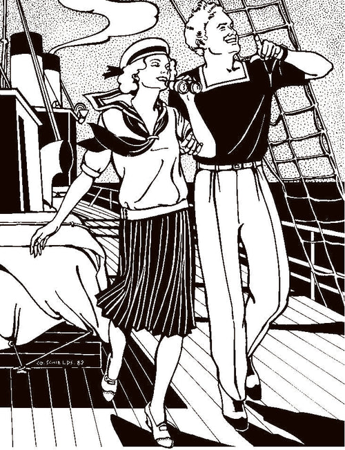 Black and white pen and ink drawing by artist Gretchen Shields.  Man and woman walking on a ship both wearing 211 Two middies.