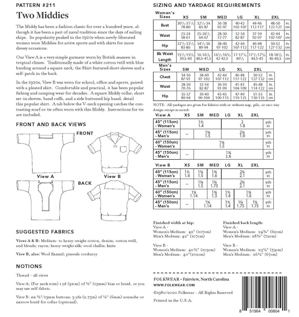 Photo of back cover shows size and yardage chart.  Includes fabric suggestions and description.