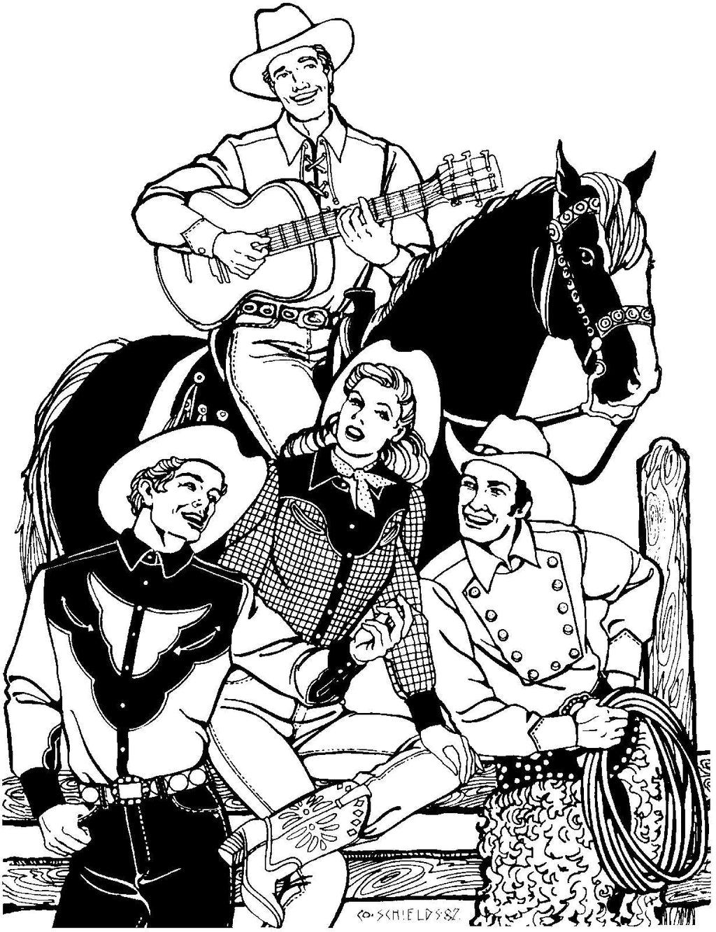 Black and white pen and ink drawing by Gretchen Schields. Three men one on a horse with a guitar, the  other two sitting on either side of a woman all wearing 212 Five Frontier Shirts.
