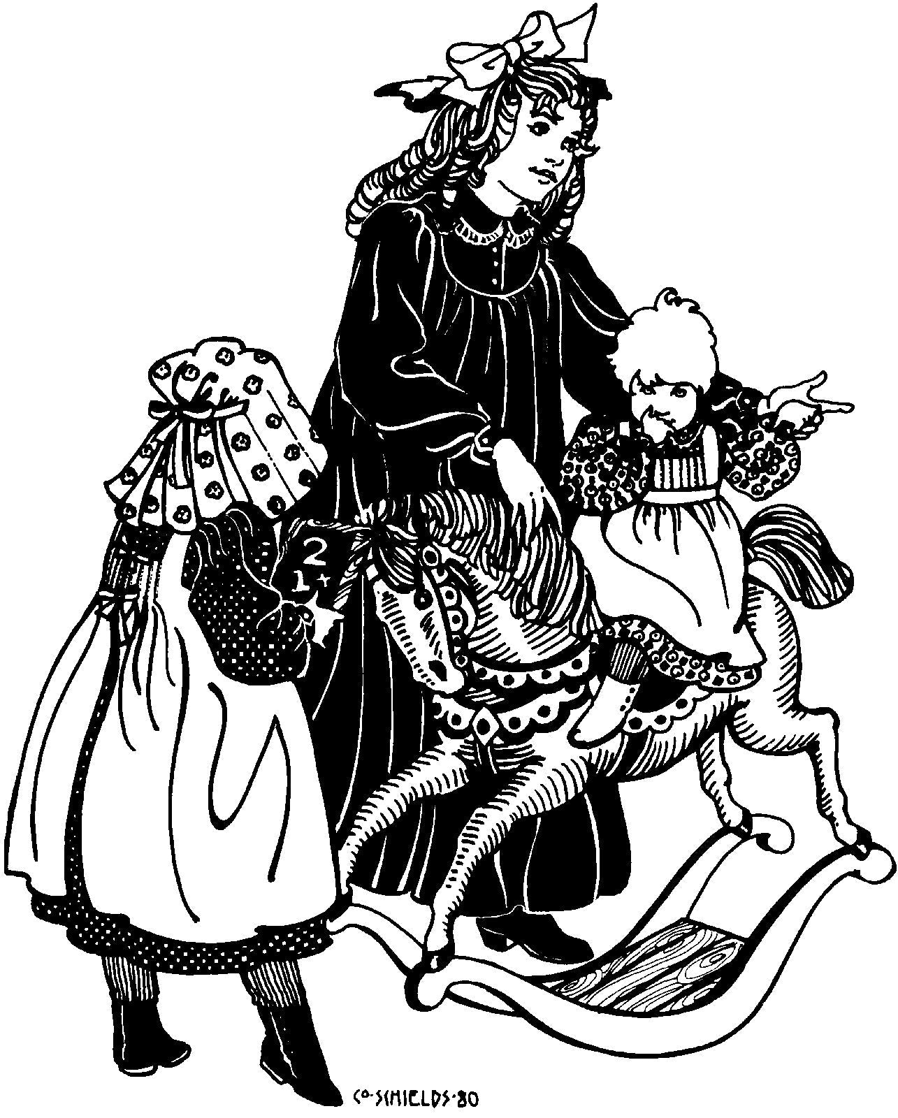Black and white pen and ink drawing of three children all different sizes, the toddler on a rock horse., all wearing 213 Child's Prairie Dress and Pinafore.