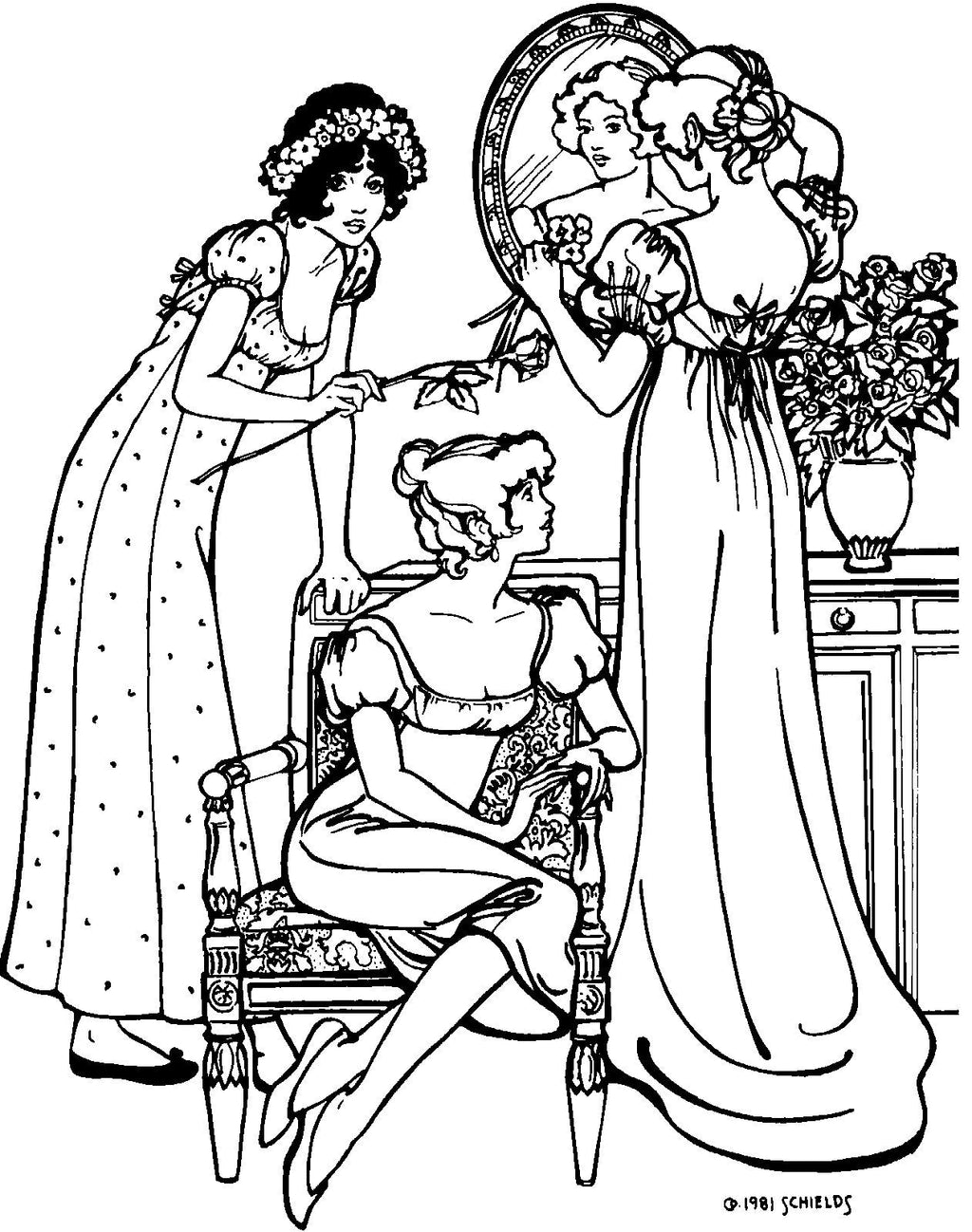 Black and white pen and ink drawing by Gretchen Schields, three woman, two standing and the middle one sitting on a chair all wearing 215 Empire Dress, one wearing the simple version full length, the middle one sitting wearing simple version street length and the other wearing the authentic version with train.