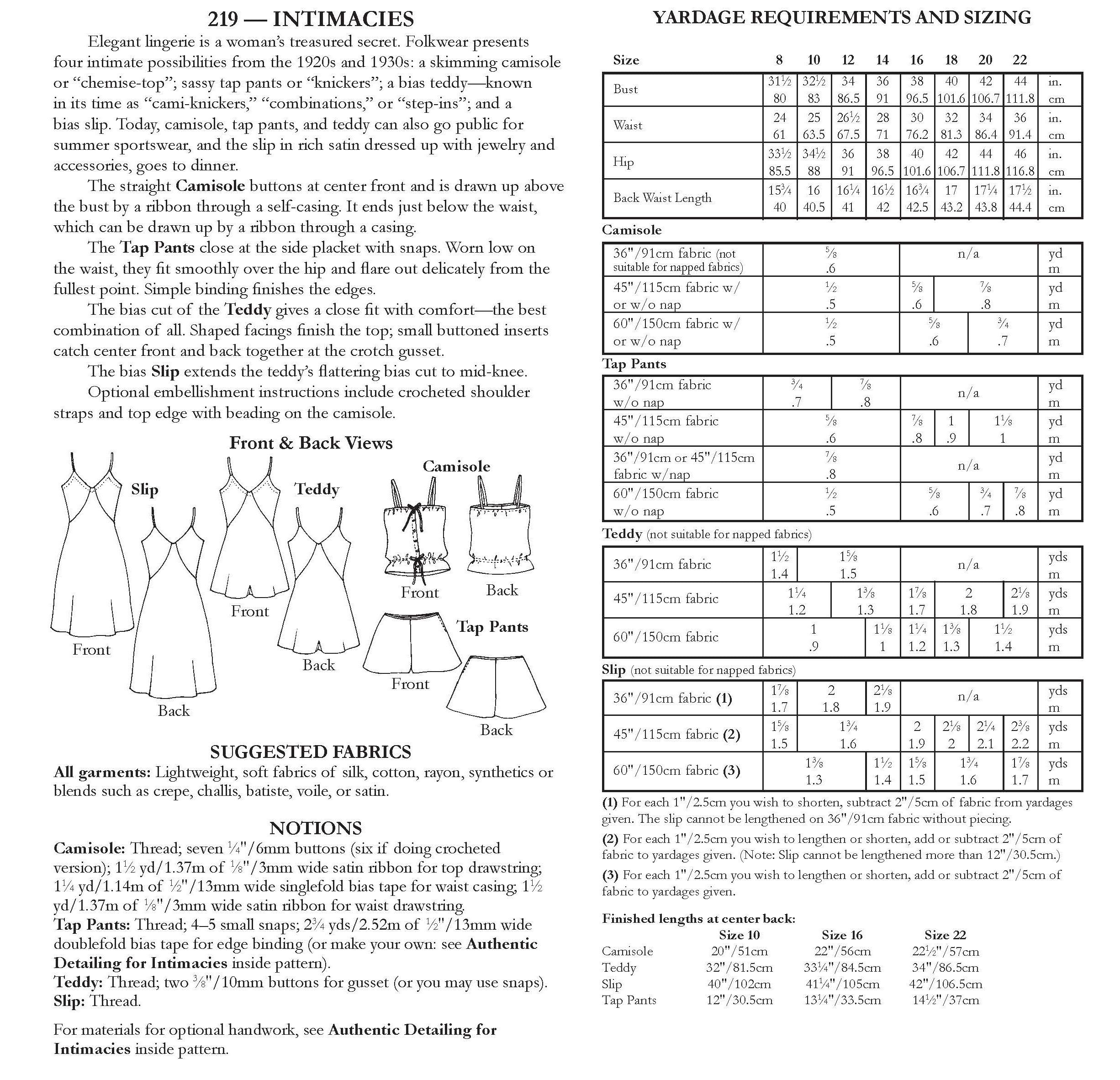Photo of back cover showing yardage charts and size chart.  Fabric suggestions are included.