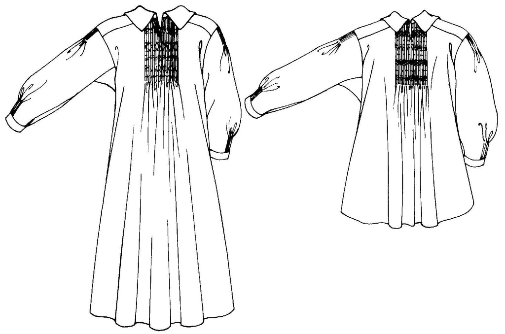 Black and white flat-line pattern drawings of back views of round frock and smock frock.