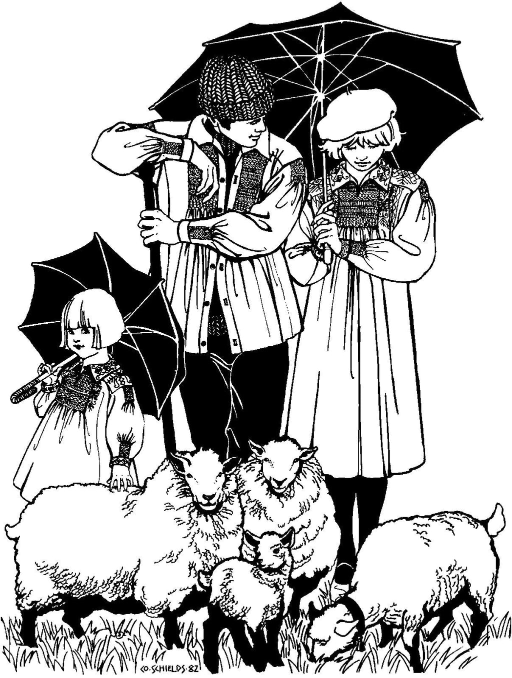 black and white pend and ink drawing by Gretchen Shields. A girl, man and woman holding umbrellas all wearing 221 English Smock, with their small flock of sheep