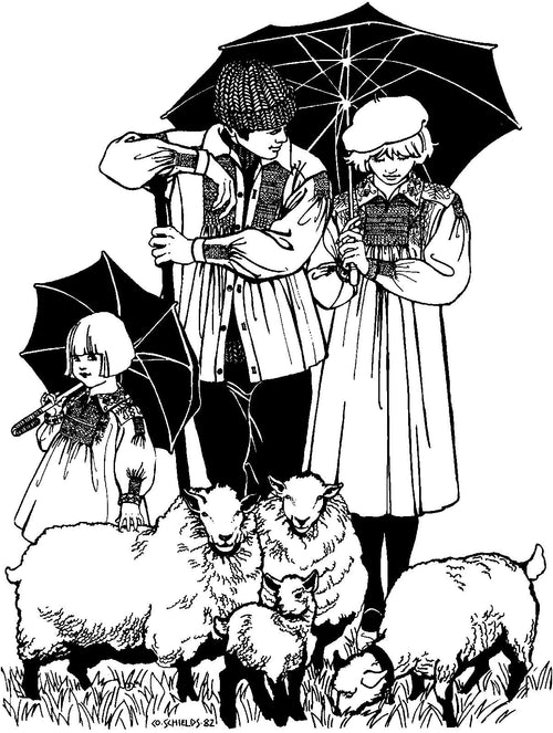 black and white pend and ink drawing by Gretchen Shields. A girl, man and woman holding umbrellas all wearing 221 English Smock, with their small flock of sheep