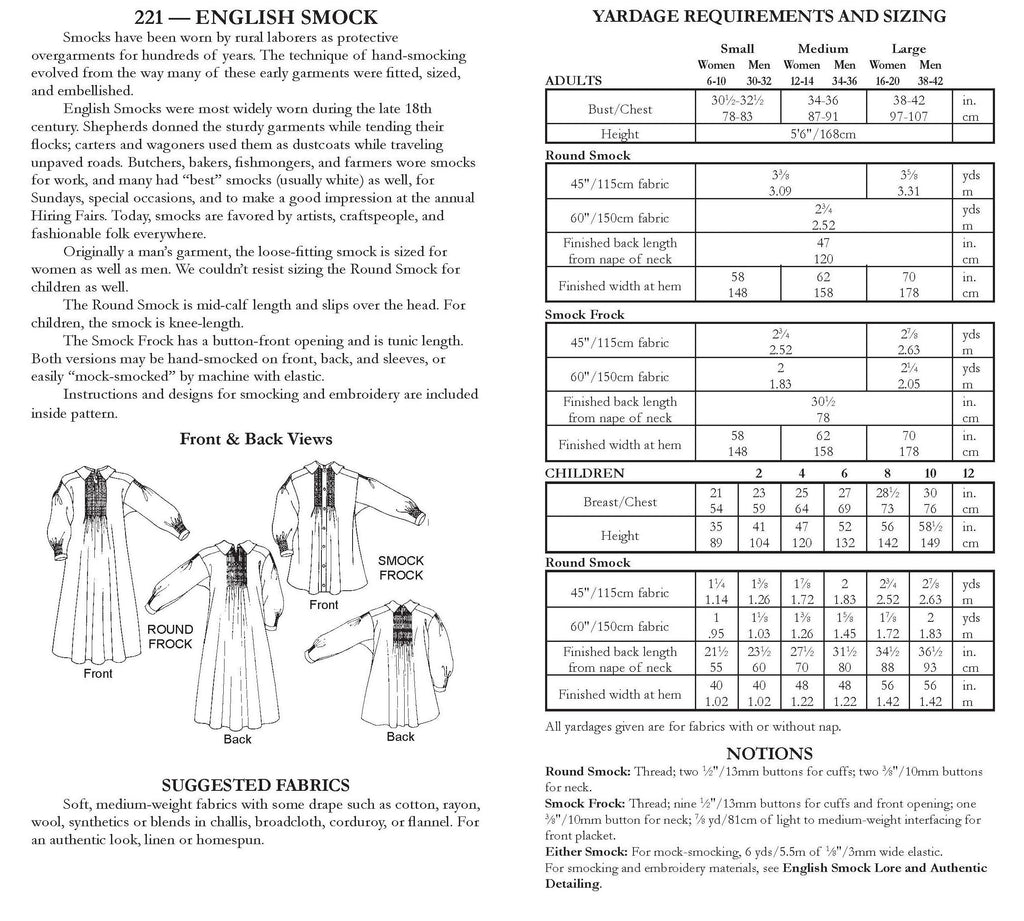 Photo of back cover shows size and yardage chart.  Includes fabric suggestions and description.