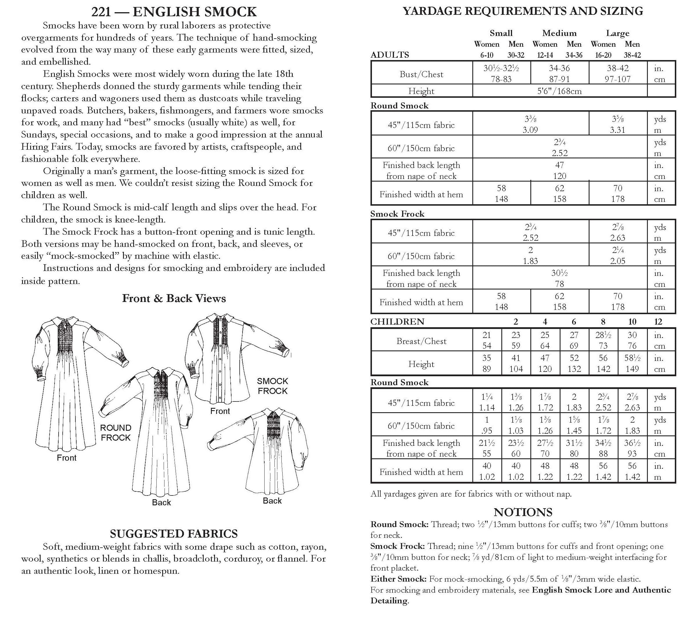 Photo of back cover shows size and yardage chart.  Includes fabric suggestions and description.
