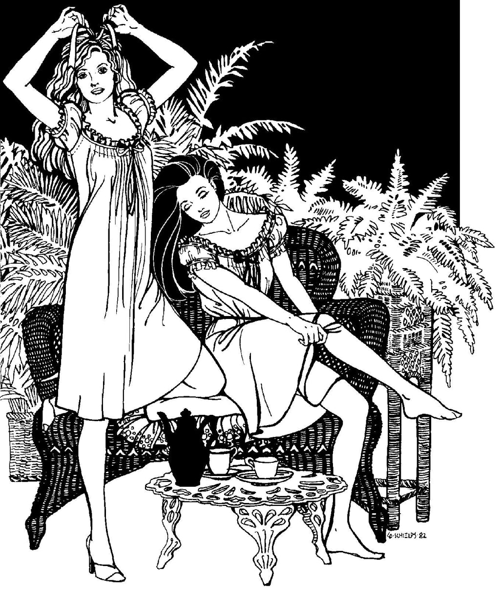 Black and white pen and ink drawing by Gretchen Shields. Two women, one standing on the left tying a ribbon in her hair, and the other on the right sitting on a woven lounge chair pulling up her socks, in front of a bush ferns, with a coffee table in front with tea set. Both women wearing 223 A Lady's Chemise.