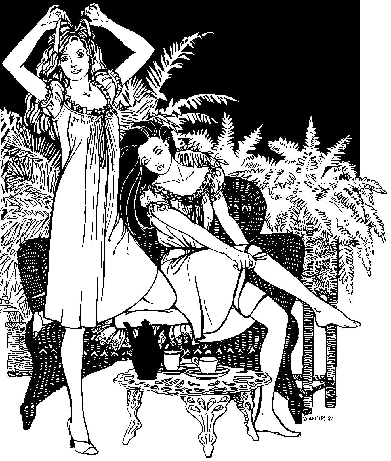 Black and white pen and ink drawing by Gretchen Shields. Two women, one standing on the left tying a ribbon in her hair, and the other on the right sitting on a woven lounge chair pulling up her socks, in front of a bush ferns, with a coffee table in front with tea set. Both women wearing 223 A Lady's Chemise.