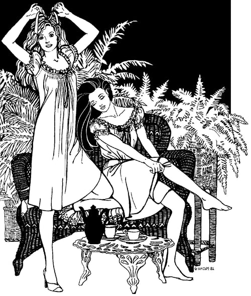 Black and white pen and ink drawing by Gretchen Shields. Two women, one standing on the left tying a ribbon in her hair, and the other on the right sitting on a woven lounge chair pulling up her socks, in front of a bush ferns, with a coffee table in front with tea set. Both women wearing 223 A Lady's Chemise.