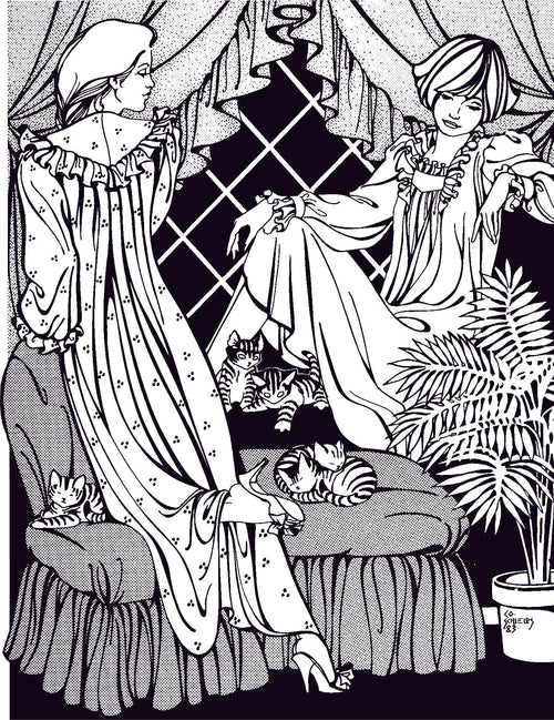 pen and ink drawing of two women wearing beautiful dreamer nightgowns sitting and kneeling on cushions with kittens.