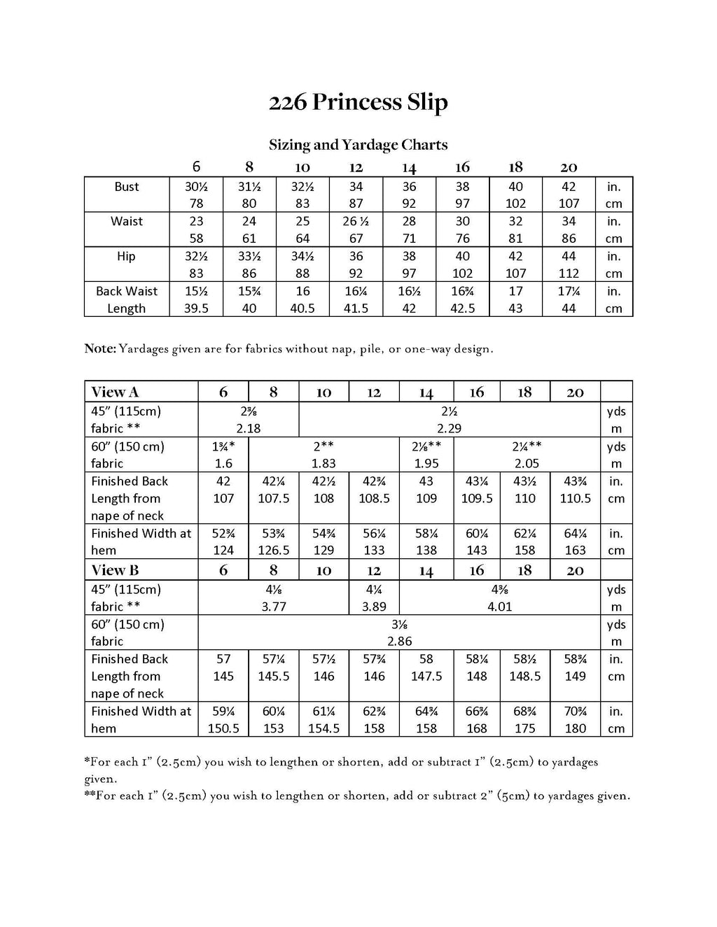 Sizing and yardage chart for Princess Slip