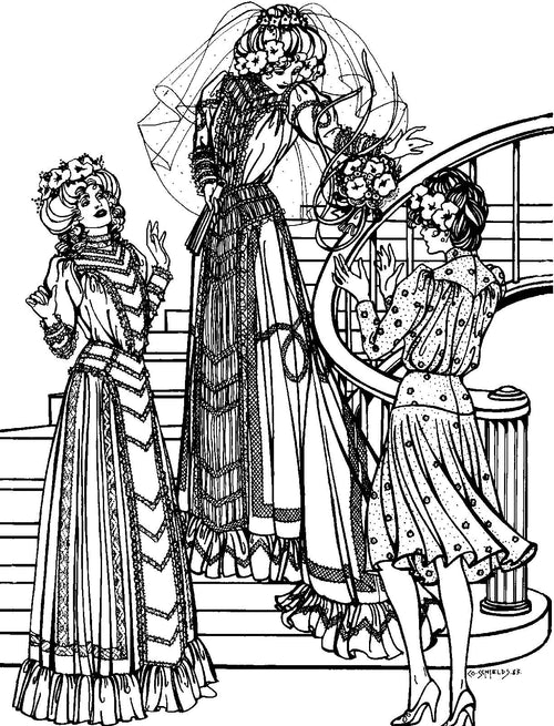 Black and white pen and ink drawing by Gretchen Shields of three women standing on a stair case, the middle one with a veil all wearing the three different versions of the 227 Edwardian Bridal Gown and Dress.
