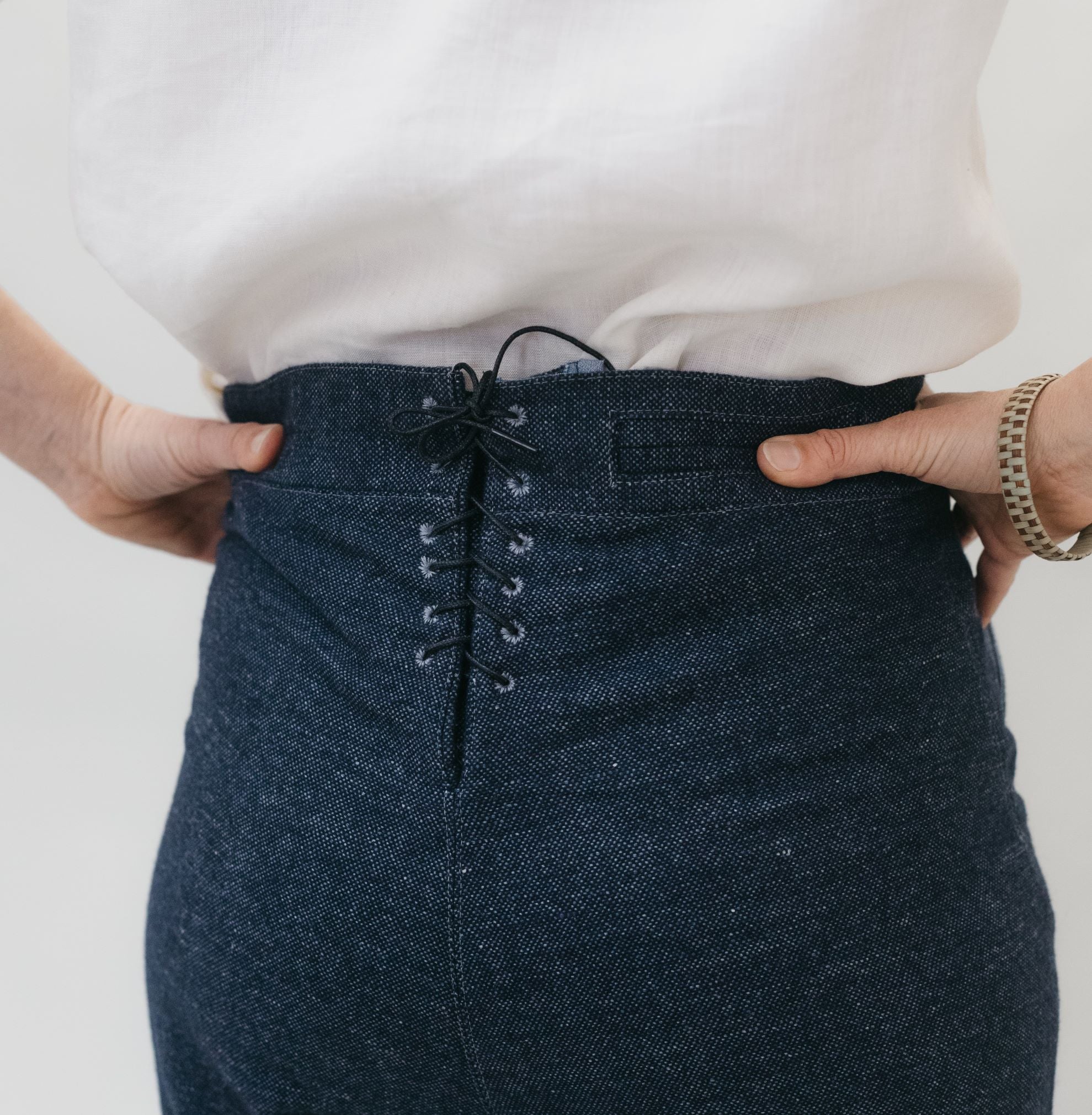 Back view of 229 sailor pants laced up.