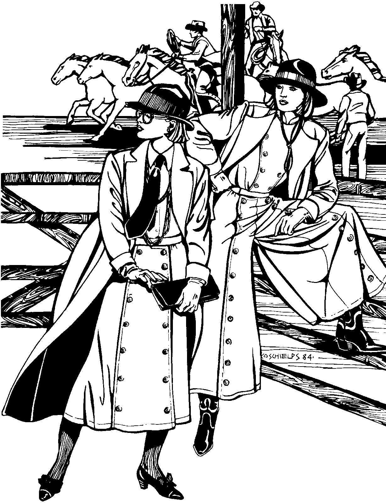 Black and white pen and in drawing by Gretchen Shields. Two women in front of men riding horses in the background, both wearing 231 Big Sky Riding skirt one with the movable front panel buttoned to the left for a skirt effect and the other buttoned to the right for a pants effect.