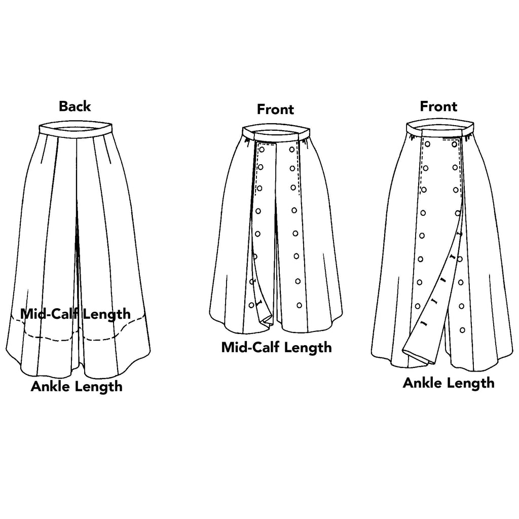 line drawing of coulotte pants in 3 views - 2 front with shorter and longer legs, and one back view