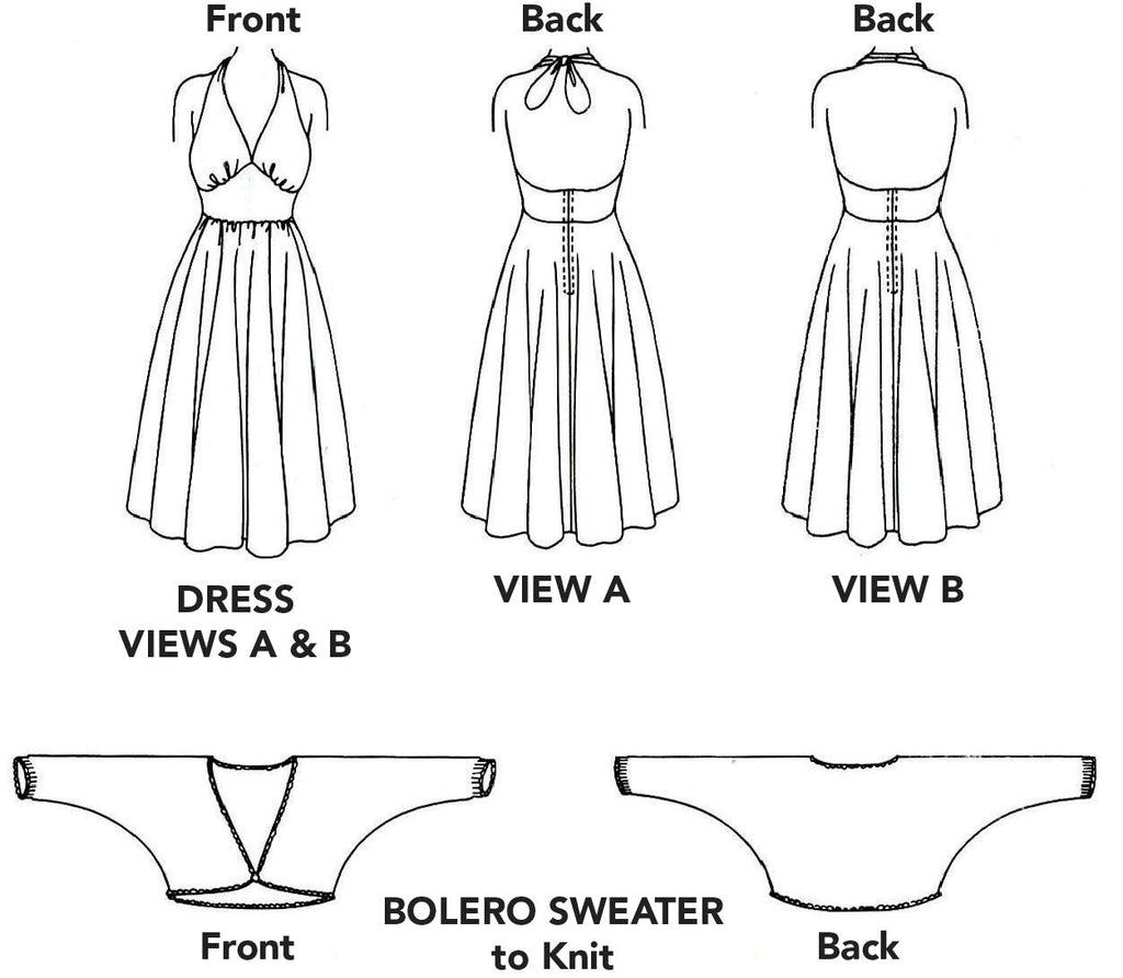 Illustrations of a dress and bolero sweater with front,and back views.