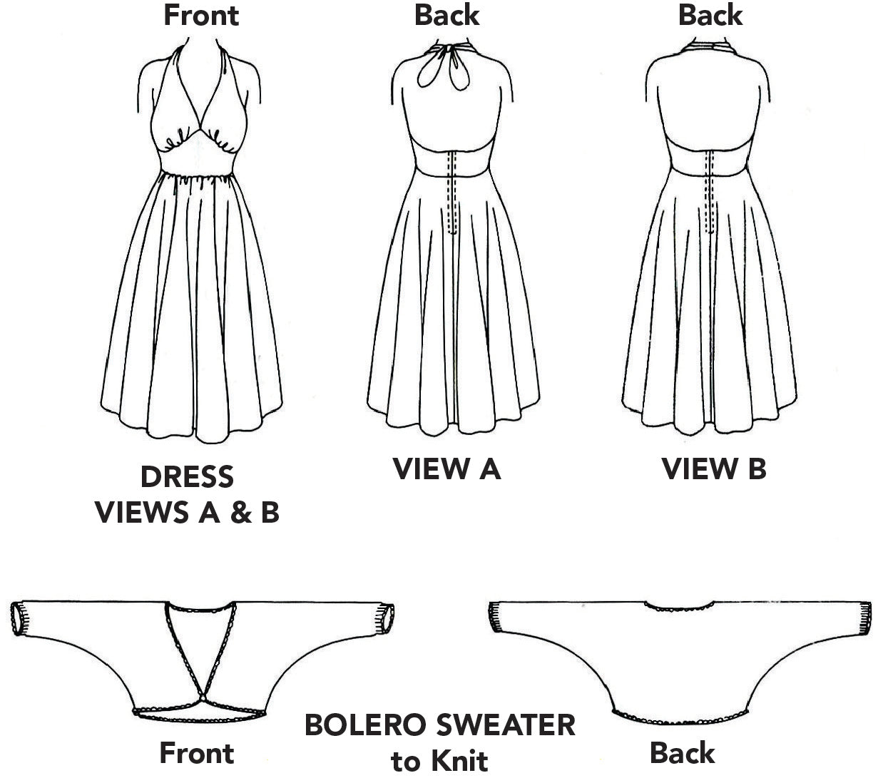 Illustrations of a dress and bolero sweater with front,and back views.