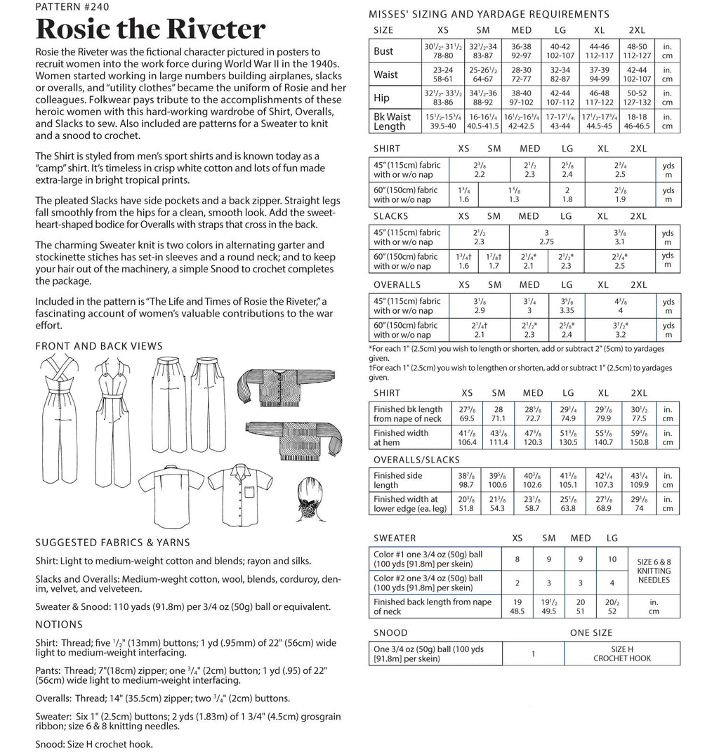 Photo of back cover shows size and yardage chart.  Includes fabric suggestions and description.