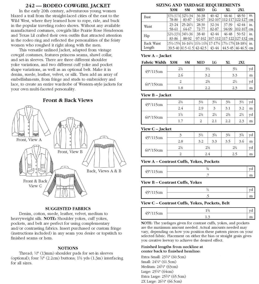 Photo of back cover shows size and yardage chart.  Includes fabric suggestions and description.