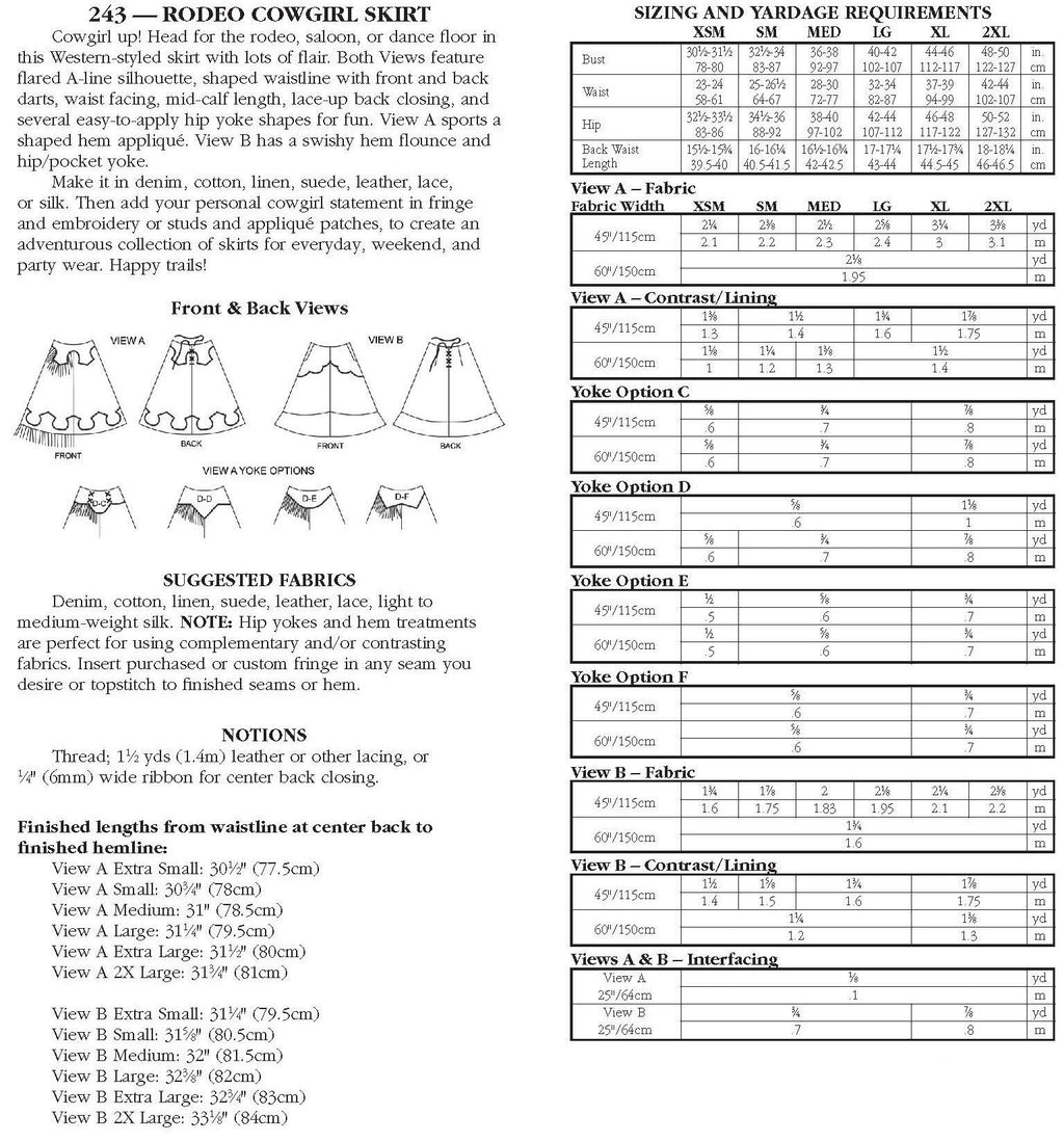 Photo of back cover shows size and yardage chart.  Includes fabric suggestions and description.