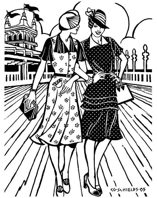Black and White pen and ink drawing of two woment in the 1930s Day Dress.  Cover illustration by artist Gretchen Shields.  Woman on the left wears view B and woman on right is wearing View A.  They are walking arm in arm along a boardwalk.