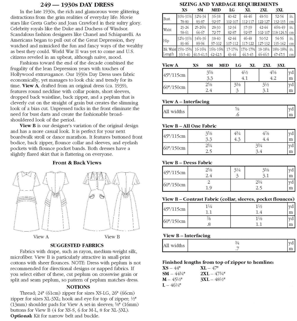 Photo of back cover with sizing chart.  Description of the two views and fabric suggestions.