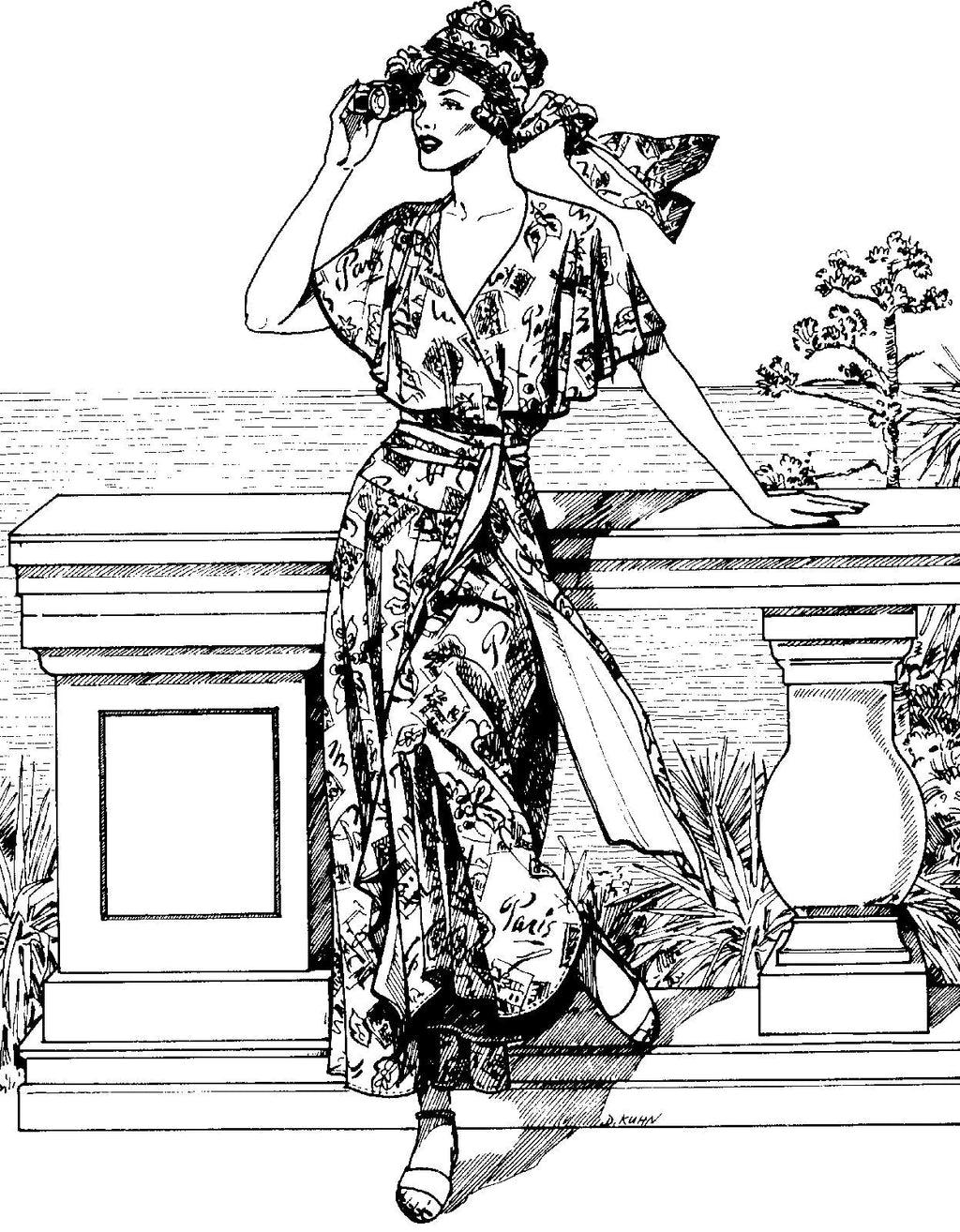 Pen and ink drawing by artist D.Kuhn.  Picture of a woman standing against railing with water in the background wearing beach pyjamas.