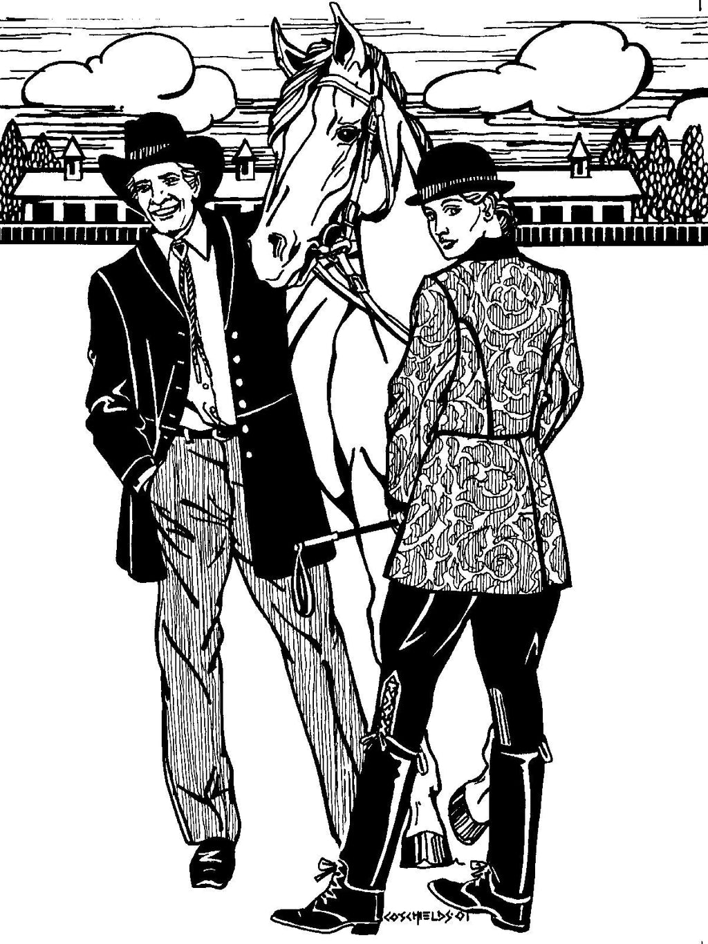 Black and white pen and ink drawing by artist Gretchen Shields.  Four women and a man dance wearing Greek and Polish Vests. Man and woman on either side of a horse wearing the #263 Countryside Frock Coat.