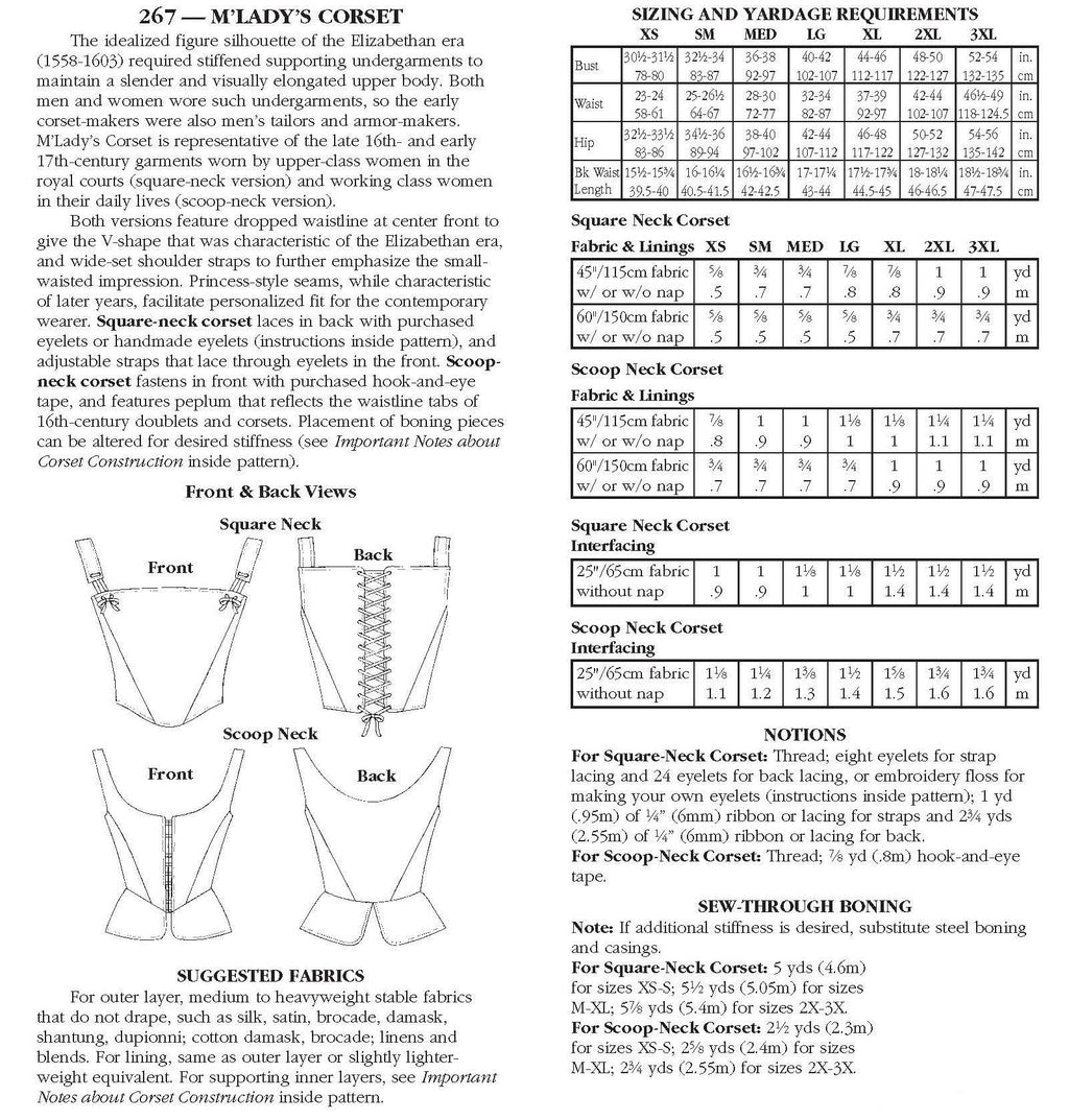 back of pattern envelope with description, line drawings, fabric suggestions, and sizing chart