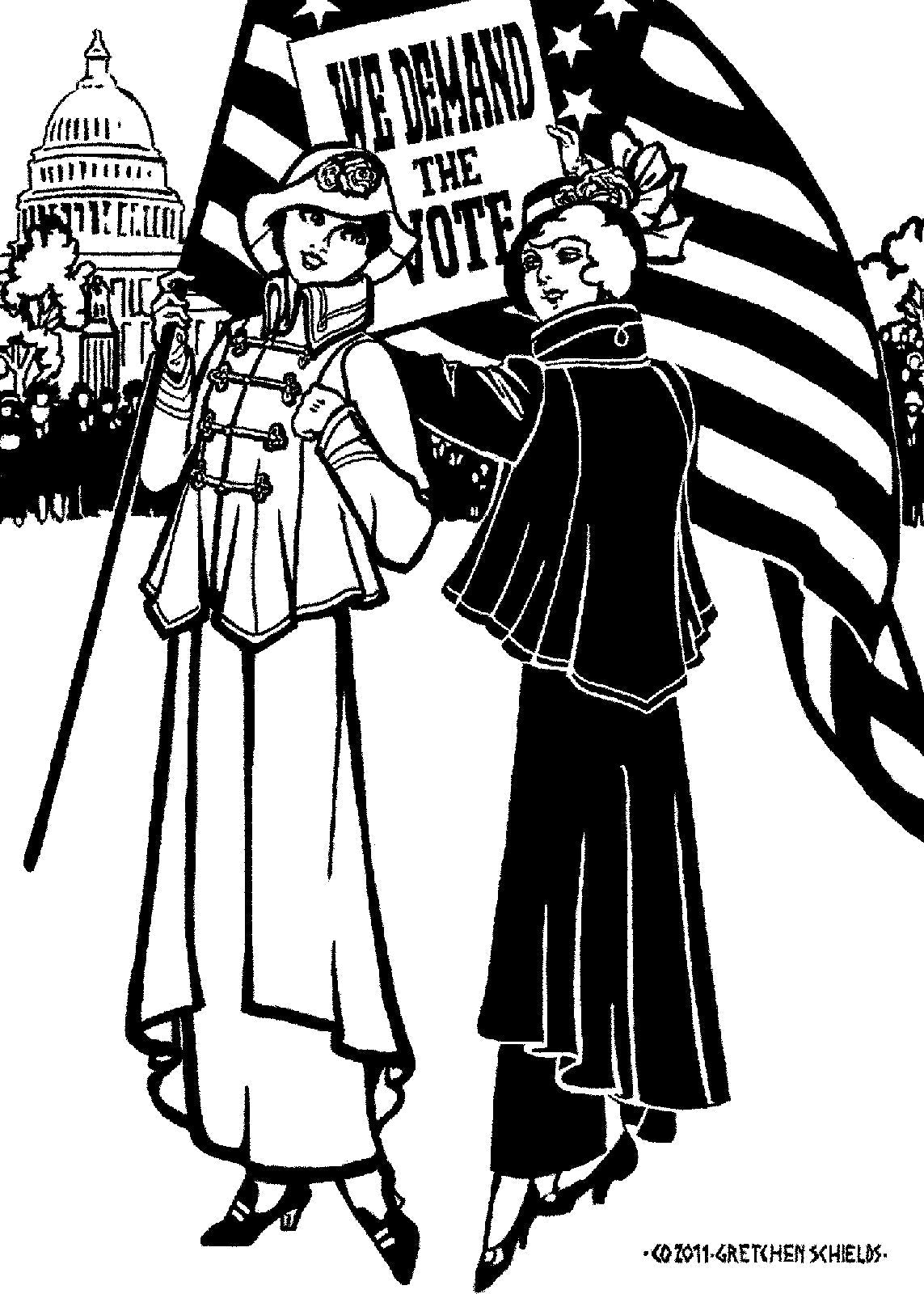 Black and white pen and ink drawing by artist Gretchen Shields. Two women both wearing the #268 Metropolitan Suit and hats. Woman on the left is facing front holding an American flag. The woman on the right, her back is turned holding  We demand the vote sign.