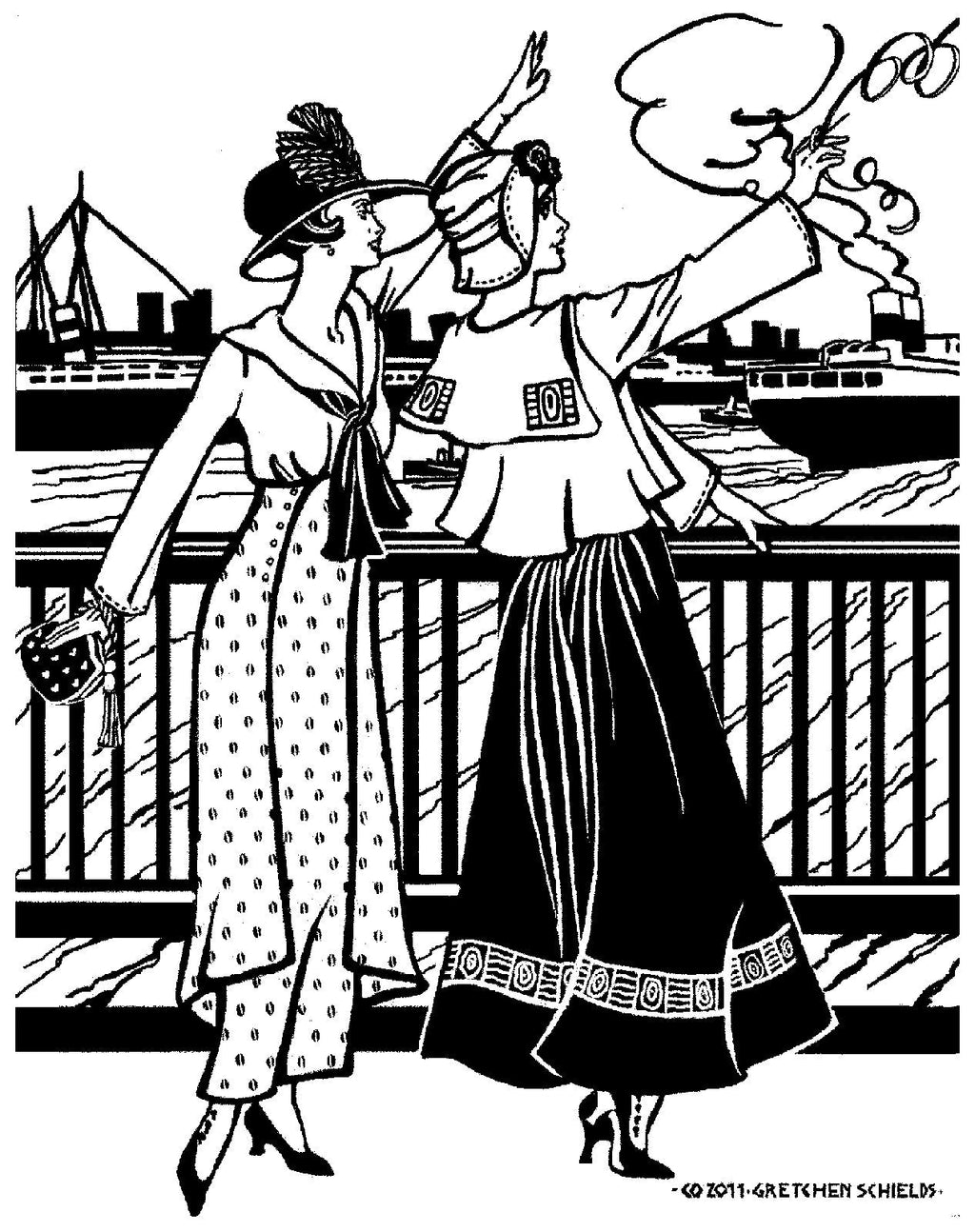 Black and white pen and ink drawing by artist Gretchen Shields.  Two women waving to a boat wearing the Metro Middy Blouse, a hat and long skirts.