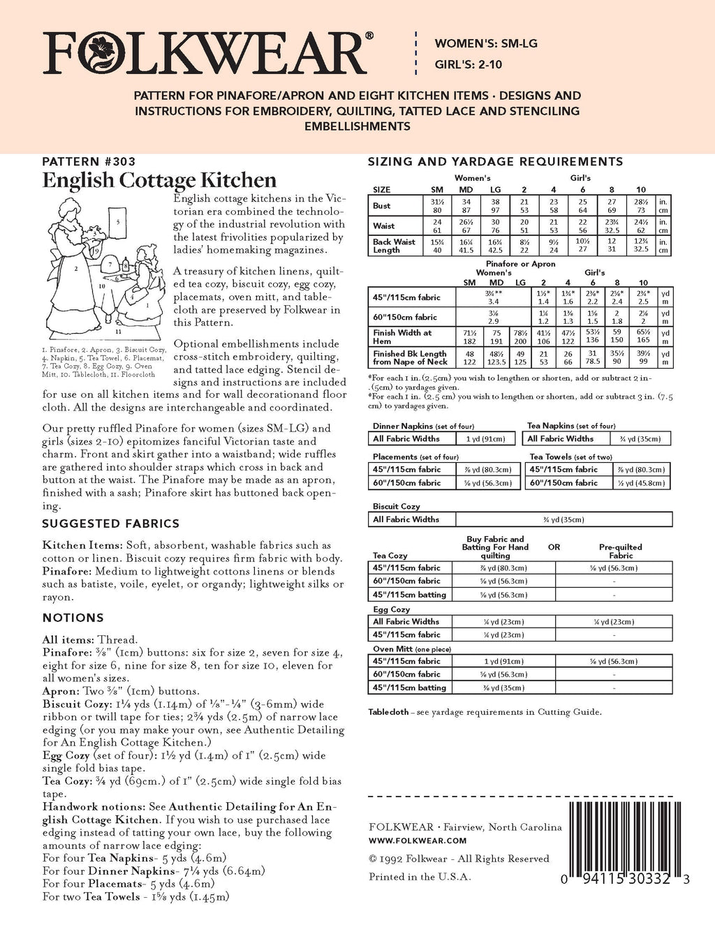 Back of 303 cover with yardage charts notions, fabric suggestions and pattern information.