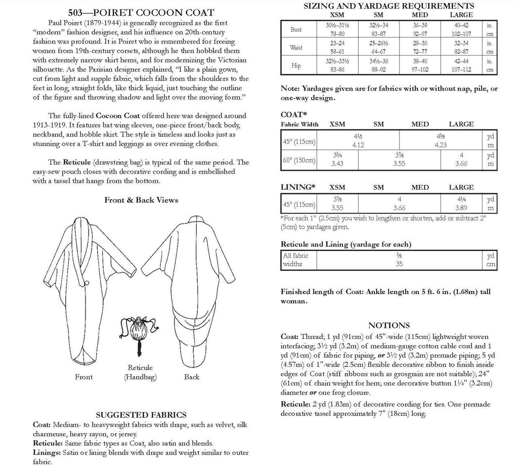 back of pattern envelope with description, line drawings, fabric suggestions, and sizing chart