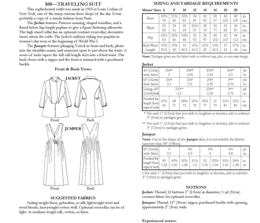 back of pattern envelope with description, line drawings, fabric suggestions, and sizing chart
