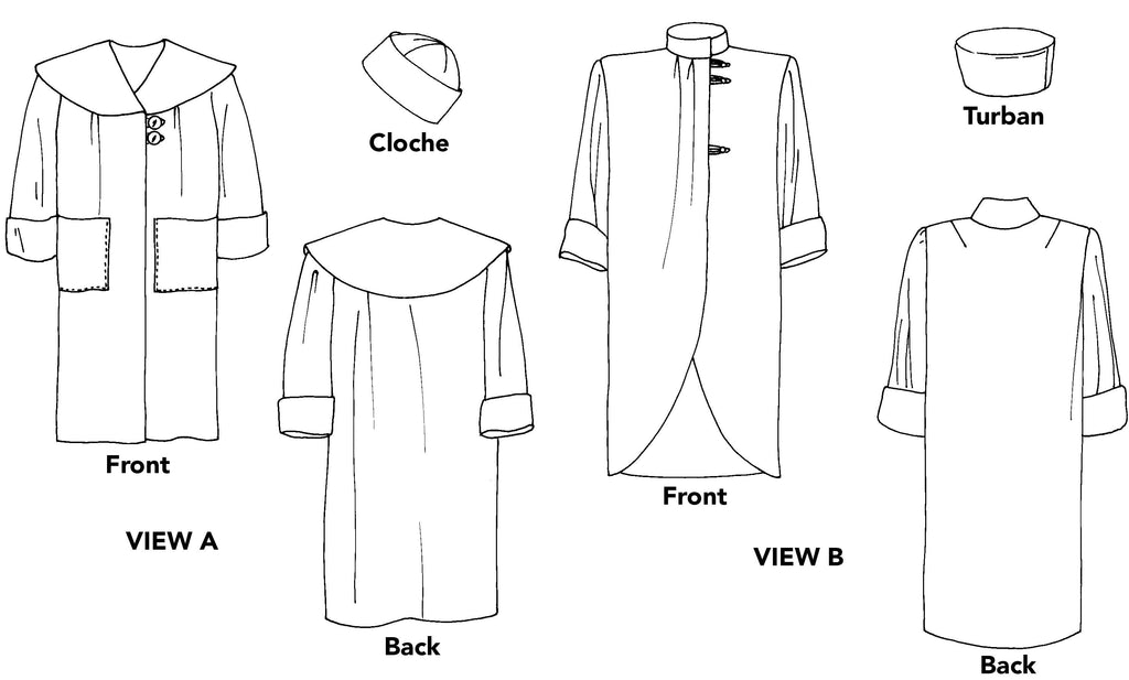 Black and white flat drawings of coats and hat.