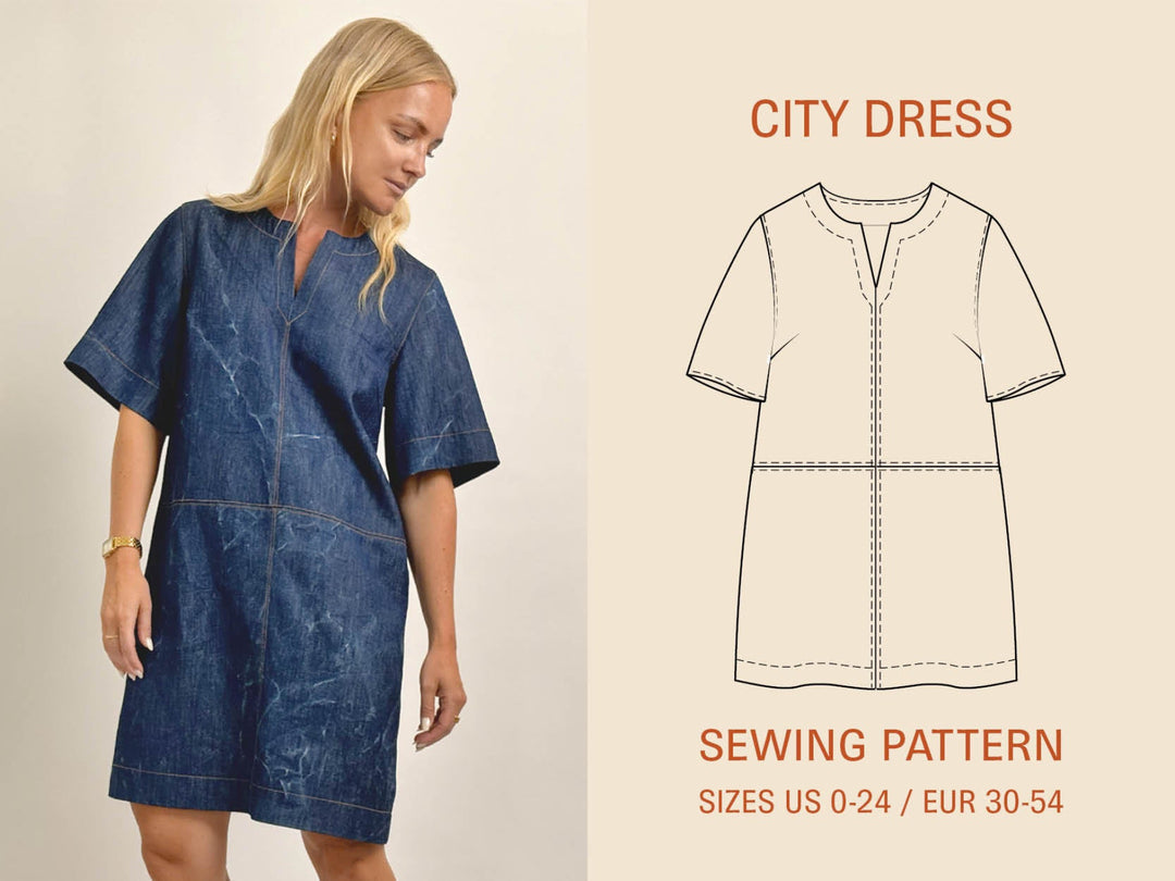 Woman wearing a blue dress next to a sewing pattern illustration on a beige background
