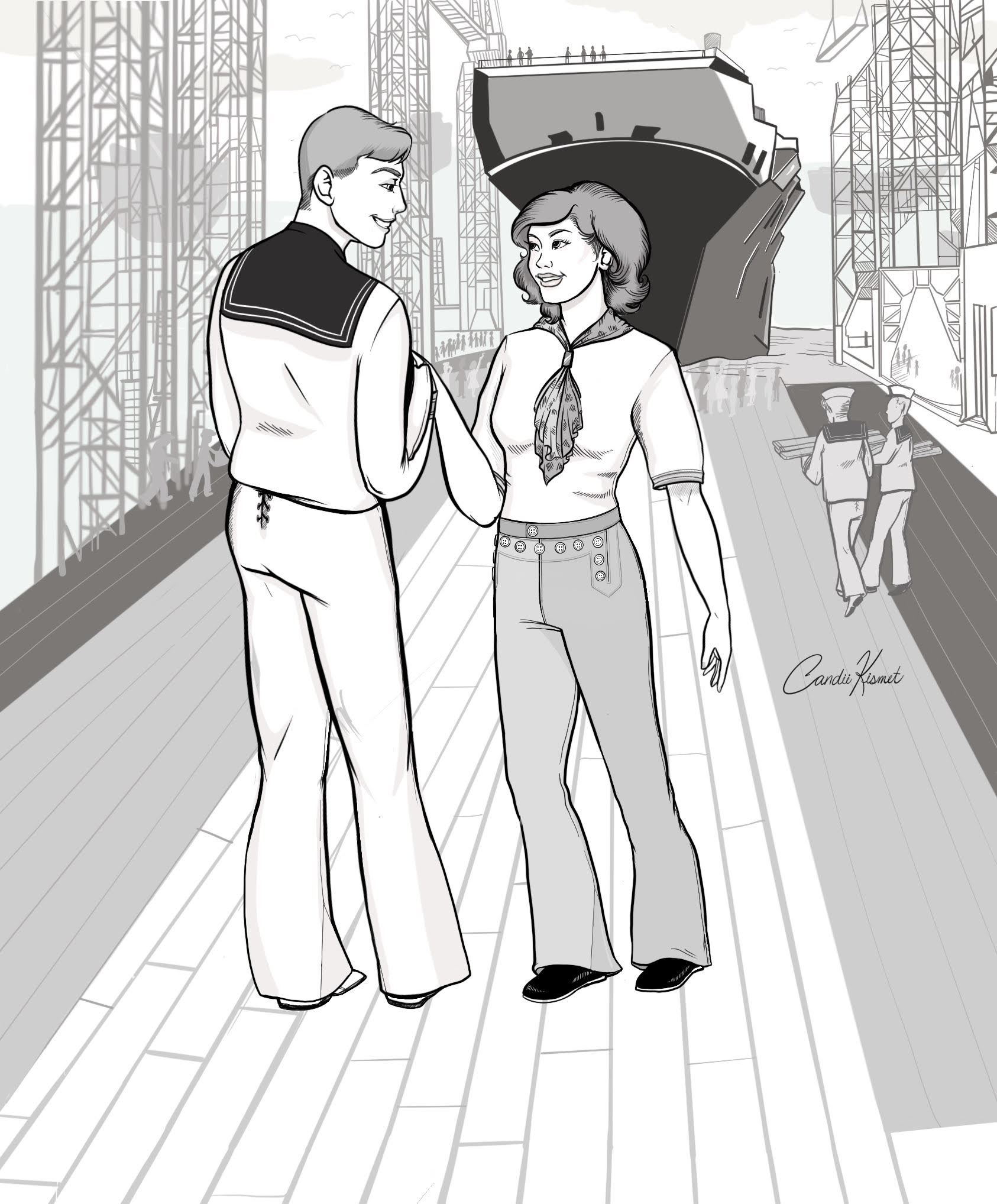 Black and white illustration of a man and woman conversing, with a ship in the background, both wearing 229 Sailor pants and 211 Two Middies.