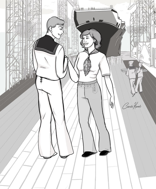Black and white illustration of a man and woman conversing, with a ship in the background, both wearing 229 Sailor pants and 211 Two Middies.